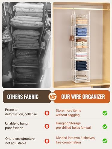 6 Tier Closet Hanging Organizer, Metal Closet Organizers and Storage with 4 Hanging Hooks 4 S-Hooks for Wardrobe Laundry Room, Wire Storage Shelf for Clothes Sweaters Pants (White) - Image 4