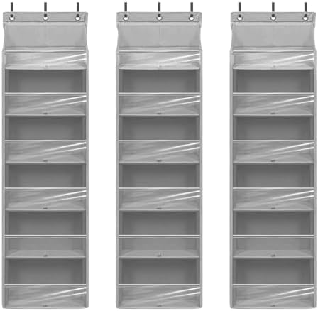 Over Door Organizer with 6 Extra Large Pockets 12 Side Pockets, Sturdy Closet Storage Rack, Hanging Storage Organizer with Clear Window for Shoes, Diapers, Bedroom, Bathroom, Grey, 3-Pack by Unknown