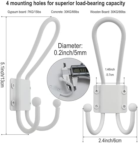WEBI Coat Hooks Wall Mount,5 mm Thick,10 Large Triple Hooks,Heavy Duty Metal Backpack Wall Hooks for Hanging Clothes,Robe,Towel,Closet,Farmhouse,Mudroom,White - Image 3