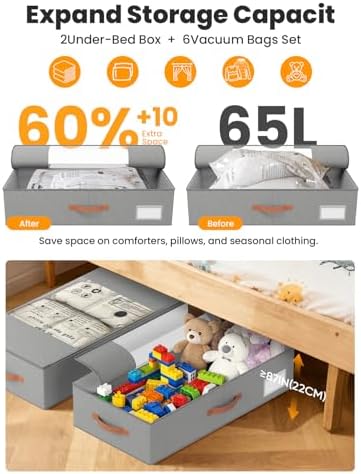 TOSKING 2-Pack Under Bed Storage Drawers with Wheels, 6 Vacuum Bags, 7.9" Height, Large 65L/80 lbs Clear Lid Rolling Bin, 900D Oxford, Space Saver for Dorm Bedroom, Blankets, Clothes, Shoes, Gray - Image 5