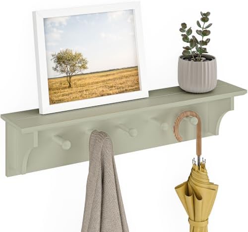 Ballucci Floating Coat and Hat Wall Shelf Rack, Coat Rack Wall Mount, 5 Pegs Hook, 24", Green by Ballucci