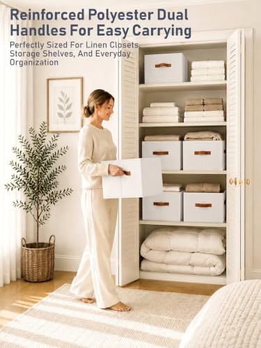 6 Pack Large Closet Storage Baskets Bins for Shelves, Collapsible Fabric Closet Organizers and Storage with Polyester Handles, Decorative Baskets for Organizing Clothes, Towels, Linen Closet 16x12x10" - Image 2
