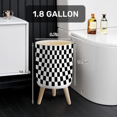 Trash Can with Lid White Black Squares Chess Board Checker Board Abstract Small Garbage Can with Legs Waste Bin Press Cover Wastebasket for Kitchen Bathroom Living Room 7L/1.8 Gallon - Image 2