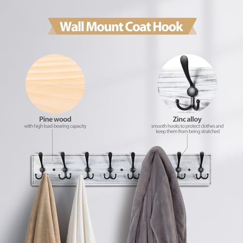 Coat Rack Wall Mount, Wooden Heavy Duty Coat Rack for Wall,8 Triple Coat Hanger Hooks for Hanging Coats,Jacket,Hat,Clothes (Grey White, 8 Hooks) - Image 3