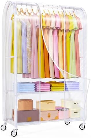 Univivi Rolling Clothes Rack with Clear Dust Cover and Bottom Storage Shelf by Univivi