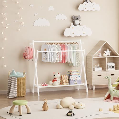 BAMBOOHOMIE Kids Clothing Rack, Small Clothes Organizer Rack, Kids Dress Up Rack with Storage Shelf & Double Rods, Bamboo Child Garment Rack for Playroom Toddler's Bedroom (Large Size - White) - Image 7