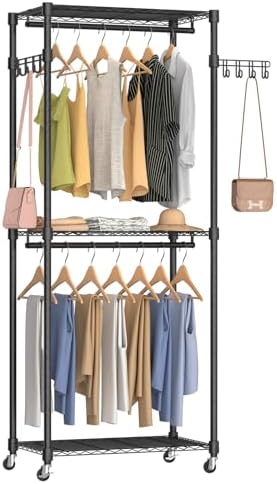 3 Tiers Heavy Duty Rolling Garment Rack Black, by EXGLOBOL