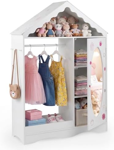 Costzon Kids Dress Up Storage with Mirror, Roofed Wardrobe Closet with Open Hanging Rack, Shelves & Hooks for Children, Kids Armoire & Costume Organizer for Bedroom (White) by Costzon