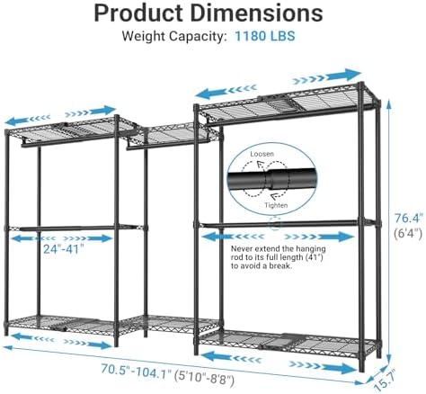 VIPEK X3 Basic Expandable Closet System, Heavy Duty Freestanding Open Wardrobe with Long Hanging Area, 5 Hanging Rods & 6 Adjustable Shelves, Fits 5.10 to 8.8 FT, Black - Image 3