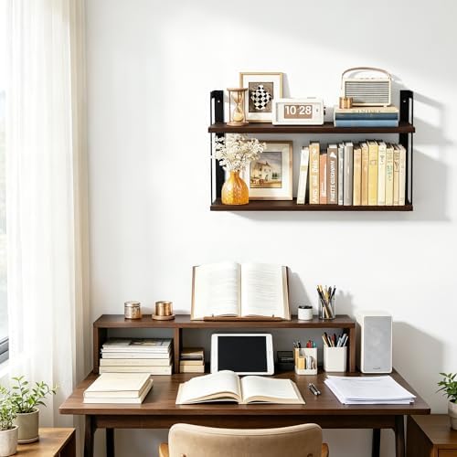 SRIWATANA Dark Walnut 2-Tier Floating Shelves, Wood Wall Storage Shelf Unit - Image 5