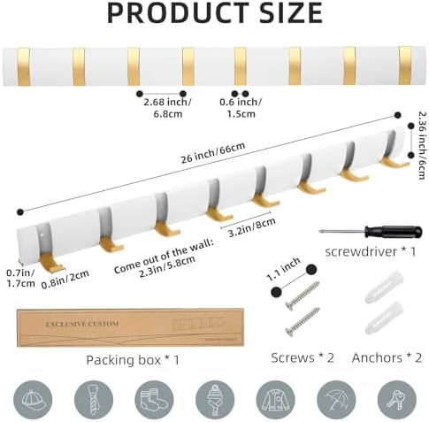 2 Pack Foldable Stylish Modern Hook Rack with 8 Hooks, Heavy Duty Metal Coat Rack, Metal Coat Hook Rail for Coat Hat Towel Purse Robes Mudroom Bathroom Entryway (White and Gold) - Image 3