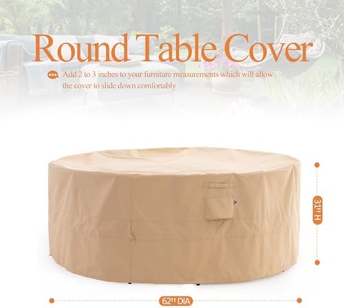 WJ-X3 Heavy-Duty Round Patio Outdoor Furniture Cover, 62" D x 31" H, Beige - Image 6