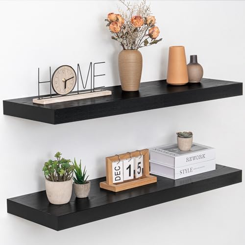 Acovy 36 Inch Floating Shelves, 12" Deep Floating Shelf Wall Mounted, 36" Wall Shelves, Rustic Deep Bookshelf, Extra Deeper & Thicker Display Shelves for Bedroom, Living Room, Black, Set of 2 by Acovy