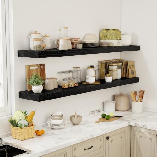 Acovy 72 Inch Floating Shelves, 12" Deep Floating Shelf Wall Mounted, 72" Wall Shelves, Rustic Deep Bookshelf, Extra Deeper & Thicker Display Shelves for Bedroom, Living Room, Set of 2 - Image 2