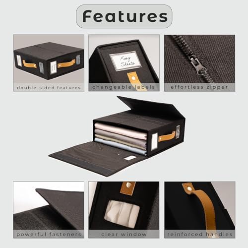 Sheet Organizers and Storage Bags for Bed Sheets, Linen, Blankets, Bedding - Under Bed or Closet Storage Boxes with Dual Handles and Organization Labels - (Black, 4-pack) - Image 3