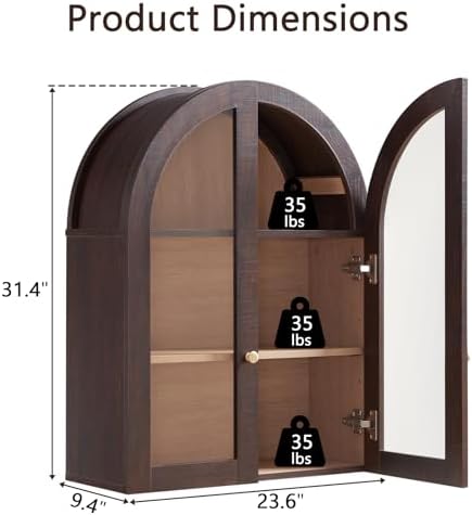 Bathroom Arched Wall Cabinet,23.5'' Wide Medicine Cabinet, Bathroom Cabinet Wall Mount W/Glass Doors & Adjustable Shelves, Over The Toilet Storage Cabinet for Laundry Room, Bedroom,Kitchen, Brown - Image 2