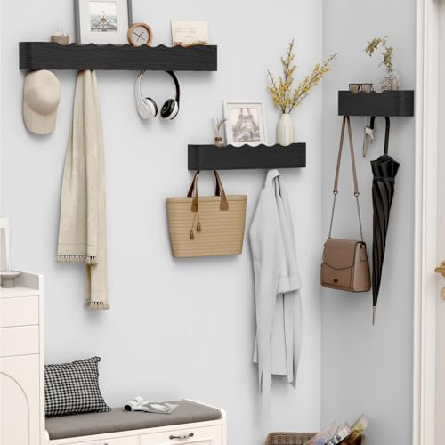 Coat Rack Wall Mount with Hidden Hooks, Wall Hooks with Shelf, Wall Key Holder Mount Wooden Shelf Entryway Hooks for Bedroom Bathroom for Hanging Coats Hats Bags Towels (Black Wave-Shape, 8 Hooks) - Image 5