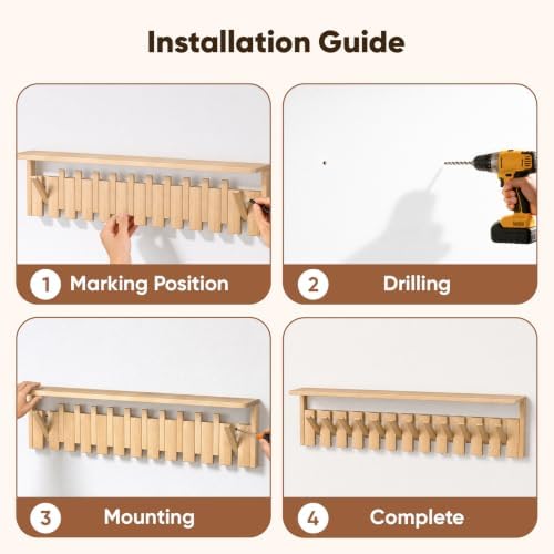 Wall Mounted Coat Rack with Shelf, 12 Flip-Down Hooks, Natural - Image 5