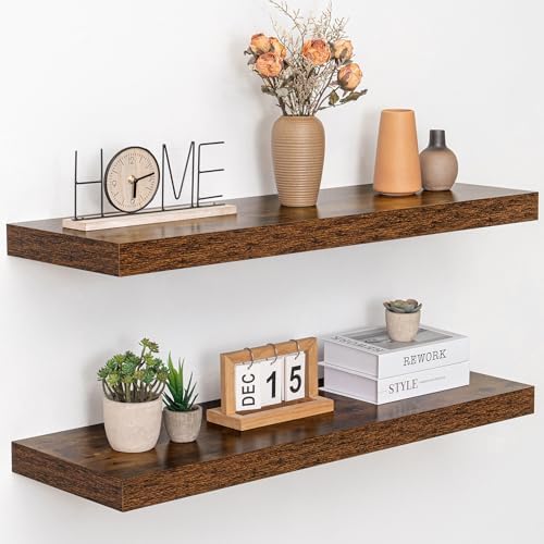 Acovy 36 Inch Floating Shelves, 12" Deep Floating Shelf Wall Mounted, 36" Wall Shelves, Rustic Deep Bookshelf, Extra Deeper & Thicker Display Shelves for Bedroom, Living Room, Brown, Set of 2 by Acovy