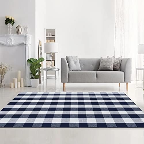 MUBIN Cotton Buffalo Plaid Rug, 4' x 6' Navy Blue White Outdoor Rug Decorative Mat, Washable Large Doormat Hand-Woven Foldable Area Rug for Outdoor Patio Indoor Living Room Dining Room Kitchen - Image 5