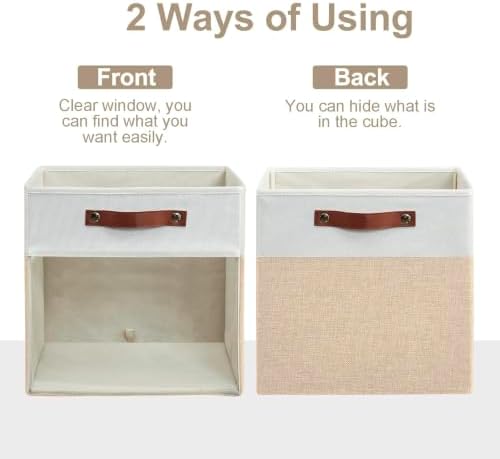 Bagnizer Storage Cubes, 4 Pack Linen Foldable Storage Bins (13 x 13 inch) with Clear Window and Handles, Fabric Organizer for Shelf Closet, Clothes, Books - (Beige and White) - Image 5