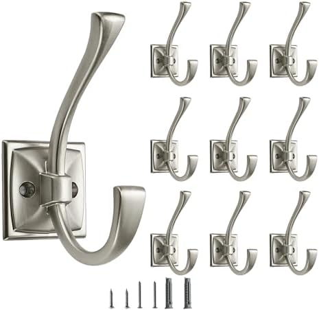 10 Pack Decorative Heavy Duty Towel Hooks for Hanging Robe Double Satin Nickel Coat Hooks Wall Mounted with Screws for Key, Towel, Bags, Cup, Hat by CABDM
