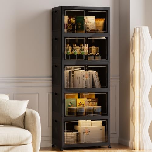 SAILUN 825QT/206Gal Stackable Storage Bins with a Lid, Collapsible Storage Bins With Doors, Folding Cabinet for Home Closet Organization,5 Pack-30 W x 19.7" D x 80.9" H Black by SAILUN