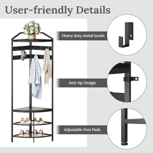 GiftGo Corner Hall Tree with Shoe Bench Entryway Coat Rack with 10 Metal Movable Hooks Freestanding Clothes Rack Shoes Shelf Organizer for Home Office Bedroom (Black) - Image 4