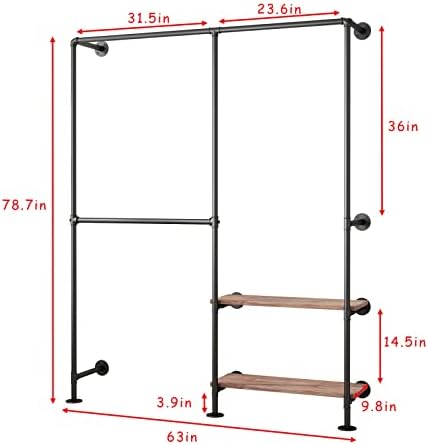 Industrial Pipe Clothes Racks with Black Shelves, Industrial Pipe Black Clothing Rack with Double Hanging Rods, Heavy Duty Wall Mounted Clothing Rack Rod for Closet Storage, Bedroom - Image 4