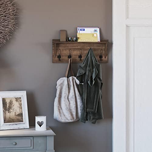 Merrick Lane Enid Hanging Storage Rack - Whitewashed Pine Wood - 24 Inch Wide - 5 Hanging Hooks - Wall Mounting Hardware Included by MerrickLane