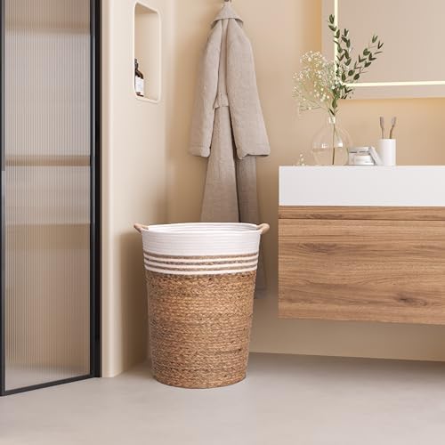 Seville Classics Premium Natural Handwoven Portable Laundry Bin Basket with Carrying Handles, Household Storage for Clothes, Linens, Sheets, Hamper with Liner, White - Image 2