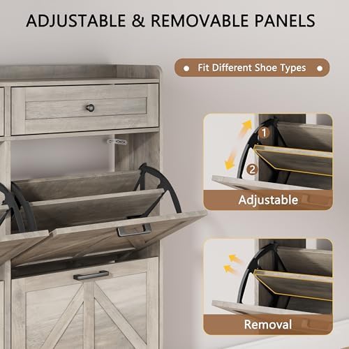 Shoe Cabinet with 3 Flip Drawers & 2 Top Drawers, 57" Tall Freestanding Narrow Wooden Shoe Storage Organizer for Entryway, Hidden Slim Shoe Rack for Front Door Entrance, Hallway, Living Room, Grey - Image 3