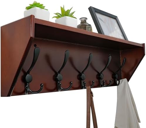 WEBI Coat Rack Wall Mount with Shelf,24" Long Wall Shelf with Hooks Underneath,5 Triple Hooks for Entryway,Hallway,Bedroom,Cherry by WEBI
