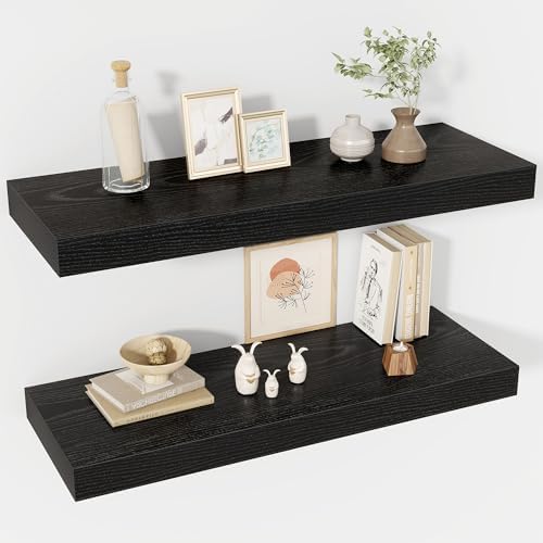 Acovy 30 Inch Floating Shelves, 12" Deep Floating Shelf Wall Mounted, 30" Wall Shelves, Rustic Deep Bookshelf, Extra Deeper & Thicker Display Shelves for Bedroom, Living Room, Black, Set of 2 by Acovy