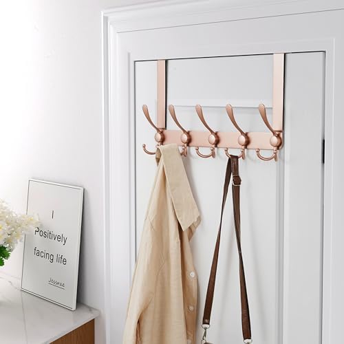 Dseap Over The Door Hook Hanger - Fits 1 3/8" to 1 3/4" Standard Doors | 5 Tri Hooks Heavy Duty Towel/Coat Rack | Door Organizer for Clothes, Jackets, Hats, Towels, Rose Gold, Pack of 2 - Image 5
