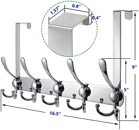LYLIN Over The Door Hook, TEKI 5 Tri Hooks for 1.6” Thick Door, Over The Door Hook Hanger, Heavy Duty Over Door Rack for Hanging Coats Clothes Hats Robes Towels (Silver, 1.6”) - Image 2