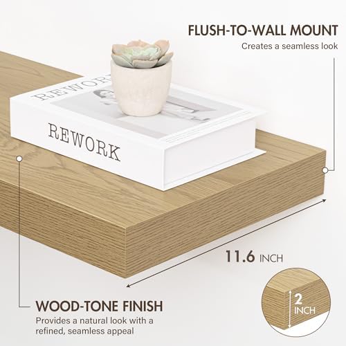 Acovy 40 Inch Floating Shelves, 12" Deep Floating Shelf Wall Mounted, 40" Wall Shelves, Rustic Deep Bookshelf, Extra Deeper & Thicker Display Shelves for Bedroom, Living Room, Oak, Set of 2 - Image 3