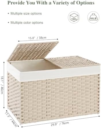 SETVSON Storage Basket with Lid 160L Wicker Baskets Storage Light Khaki - Image 2