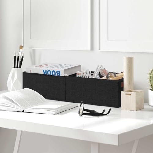 GhvyenntteS Small Fabric Storage Bins 12 Pack, 11.8" x 7.87" x 5.11" Storage Basket with Leather Handles, Closet Storage Bins for Shelves, Storage Baskets for Shelves, DVD Storage (Black) - Image 7