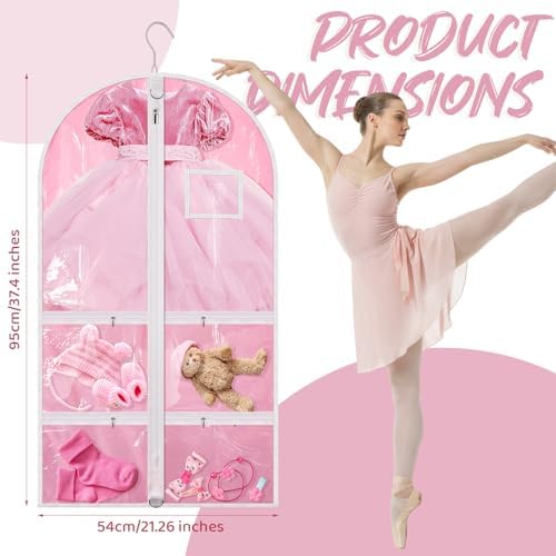 Nuenen 12 Pcs Clear Garment Bags Dance Costume 5 Pockets,Pink,37 Inch - Image 2