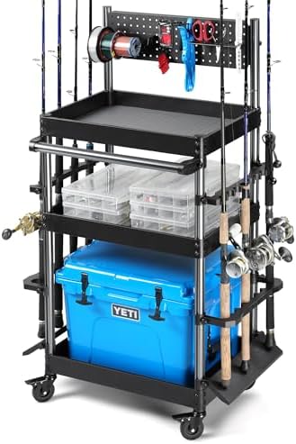 Savior Equipment Mobile Tackle Station Pro 16 Fishing Rod Holder Cart w/Wheels, Adjustable Rack For Different Rod & Reel, 3-Level Fishing Gear Storage Pole Organizer For Garage Home Indoor Use, Black by SaviorEquipment