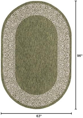 Unique Loom Outdoor Border Collection Area Rug - Floral Border (5' 3" x 8' Oval, Green/ Ivory) - Image 2