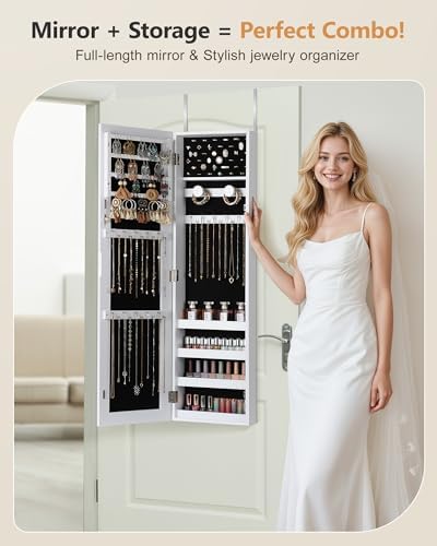 Nicetree Jewelry Cabinet Armoire, Hanging Jewelry Organizers and Storage, Lockable Jewelry Cabinet with Full-Length Mirror, Wall or Door Mount Jewelry Mirror Cabinet, Shelves, Polishing Cloth - Image 5