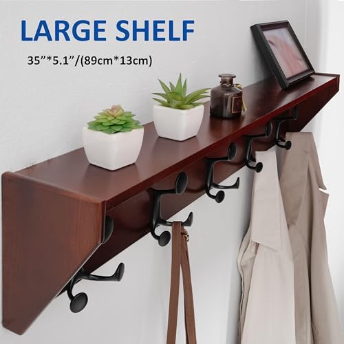 WEBI Wall Shelf with Hooks Underneath,35" Long Wall Mounted Coat Rack with Shelf,Entryway Coat Rack with 5 Triple Hooks for Hanging Coats,Jacket,Hallway,Bedroom,Mudroom,Cherry - Image 7