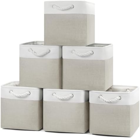 Posprica 11×11 Storage Cubes, Collapsible Storage Bins Organizer for Closet, Fabric Storage Box with Cotton Rope Handles, Decorative Storage Baskets for Shelves, set of 6 - White/Coffee by Posprica