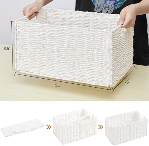 Vagusicc Wicker Storage Basket, Set of 2 Hand-Woven Paper Rope Wicker Basket, Small Storage Baskets for Organizing Toilet Paper Basket, Foldable Large Cube Storage Organizer Bins for Shelves (White) - Image 2
