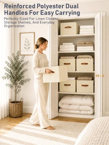 10 Pack Large Closet Storage Baskets Bins for Shelves, Collapsible Fabric Closet Organizers and Storage with Polyester Handles, Decorative Baskets for Organizing Clothes, Towels, Linen Closet 14"x10" - Image 3