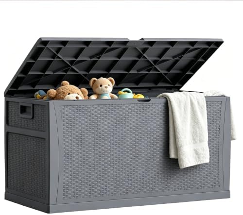 EHHLY 121 Gallon Outdoor Storage Box Large, Lockable Outside Storage Containers Waterproof Patio Cushions Deck Boxes, Rattan Plastic Garden Hose Boxes Resin Pool Storage Bins, Grey by EHHLY