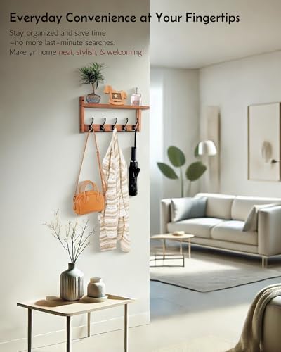 Coat Rack Wall Mount with Shelf, 26IN Wooden Coat Hanger Hooks Wall Mount with 5 Metal Hooks, Hanging Shelf with Hooks, Wood - Image 5