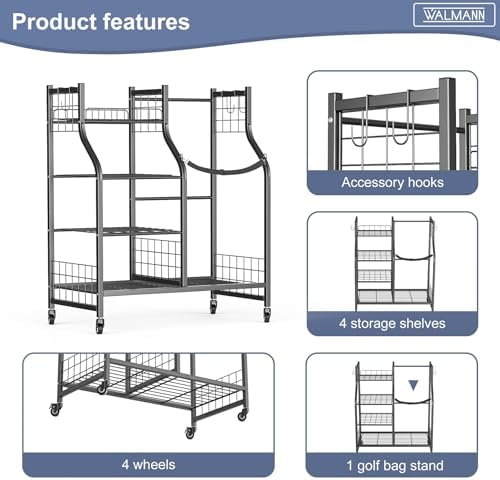 WALMANN Garage Golf Bag Stand, Large Golf Bag Storage with Golfing Accessories Storage Shelves Rolling Golf Bags Organizer - Image 4